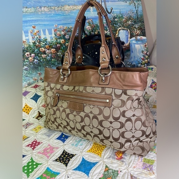 Coach Penelope F15534 brown and tan signature jacquard leather trim roomy - Picture 1 of 14